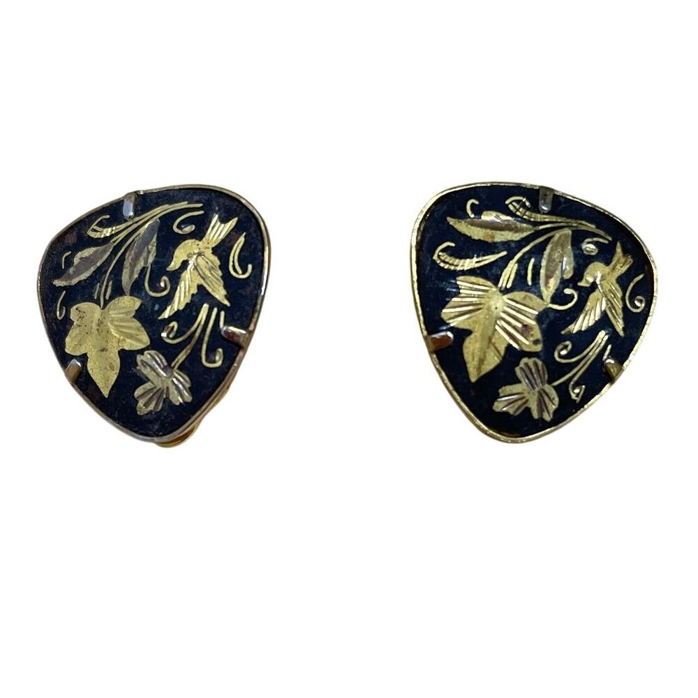 Vintage Damascene Bird and Leaf Clip on Earrings Triangular Excellent Condition